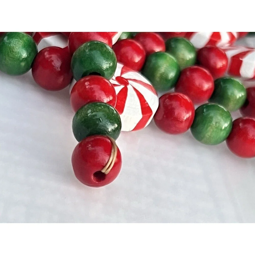 Vintage 8 Ft Wooden Christmas Garland Hand Painted Peppermint Candy Beads